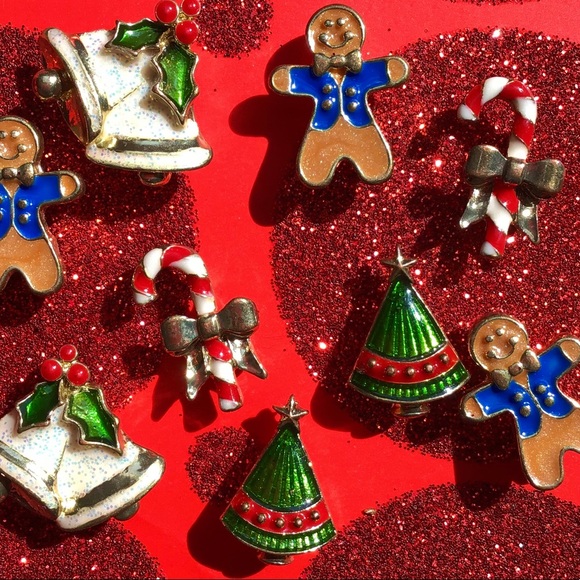 Vintage Christmas Trees Jingle Bells Candy Canes Metallic Enameled Charm Set - Picture 2 of 4